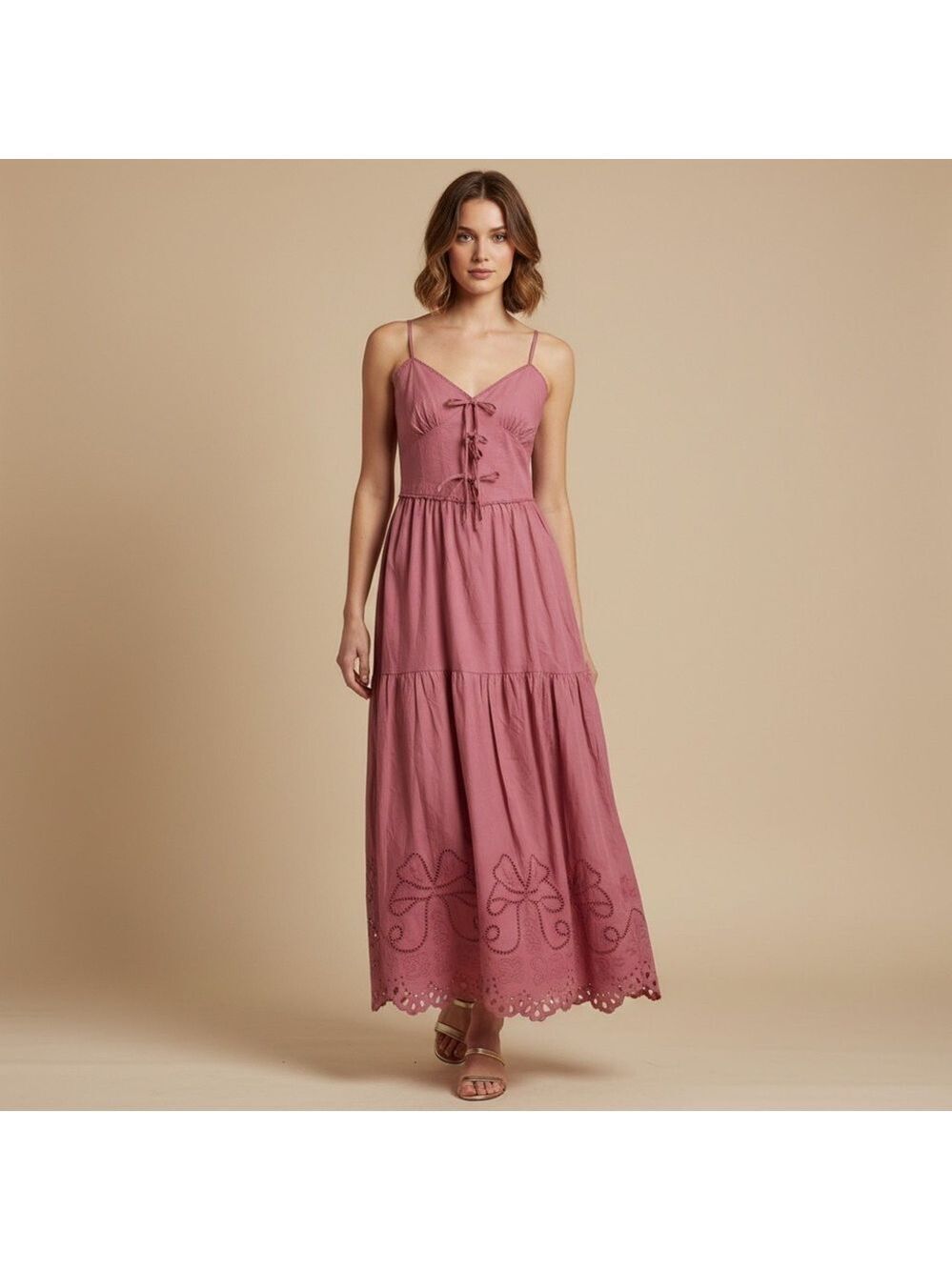 Moon River Rose Pink Eyelet Cotton Maxi Tiered Dress Coquette Boho Coastal Sz M